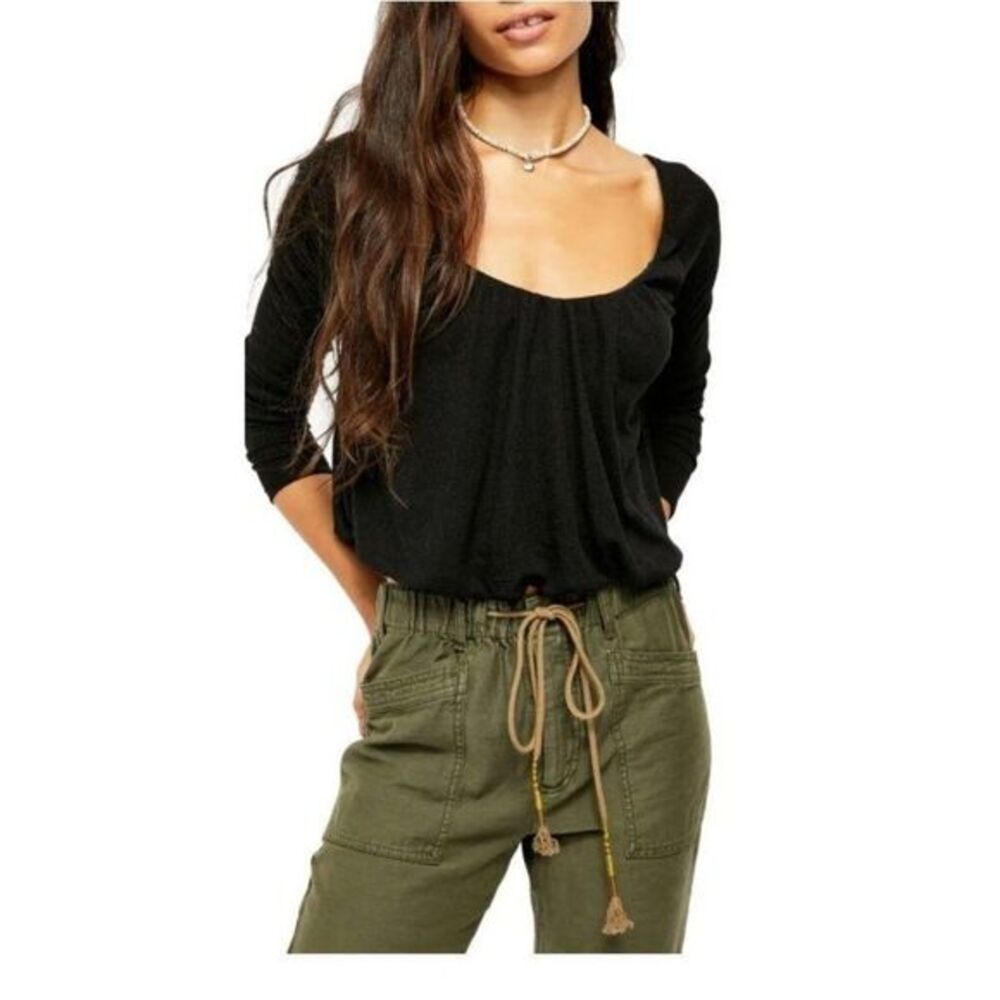 Free People Black‎ Waffle Knit Thermal Top Small NEW